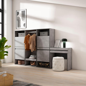 Scarpiera, 250x35x145cm, Camera da letto, Armadio Aperto, Tavolo da toeletta, grigio cemento RF3533