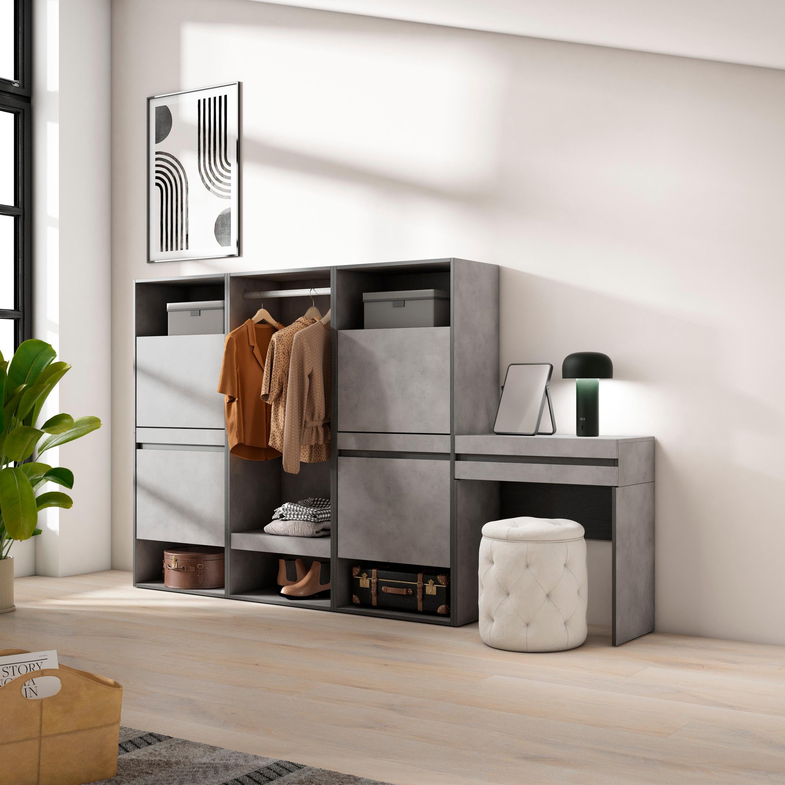 Scarpiera, 250x35x145cm, Camera da letto, Armadio Aperto, Tavolo da toeletta, grigio cemento RF3533