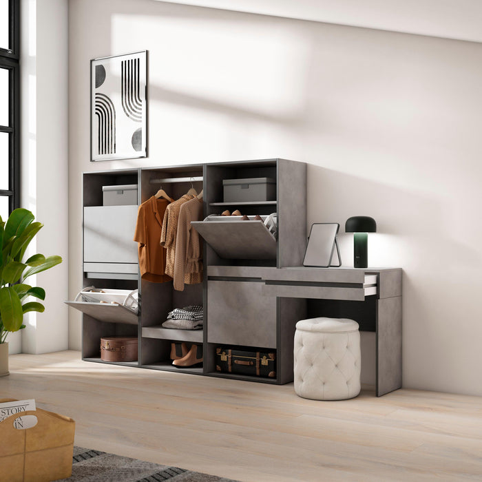Scarpiera, 250x35x145cm, Camera da letto, Armadio Aperto, Tavolo da toeletta, grigio cemento RF3533