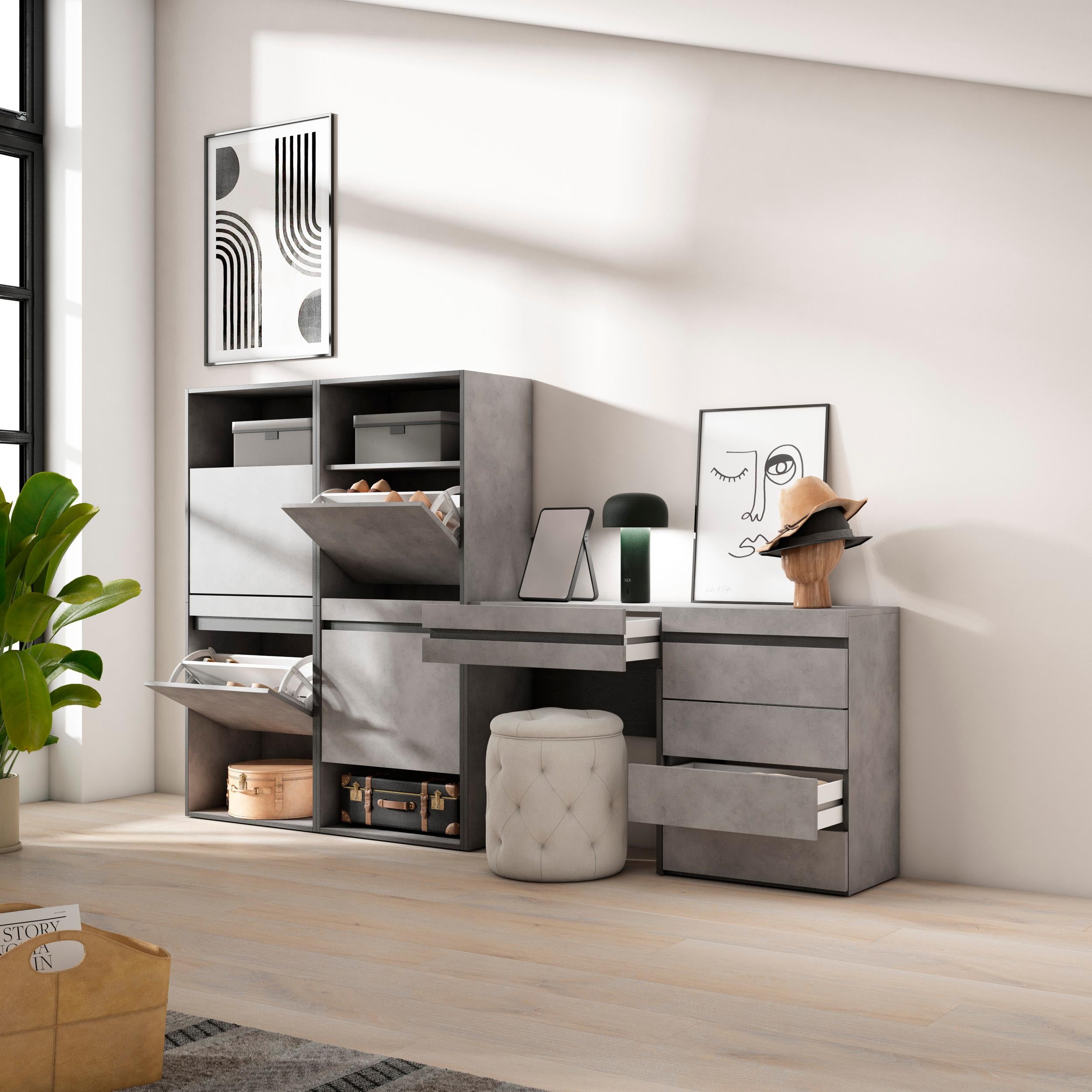 Scarpiera, 247x35x145cm, Camera da letto, Cassettiera, Tavolo da toeletta, grigio cemento RF3523