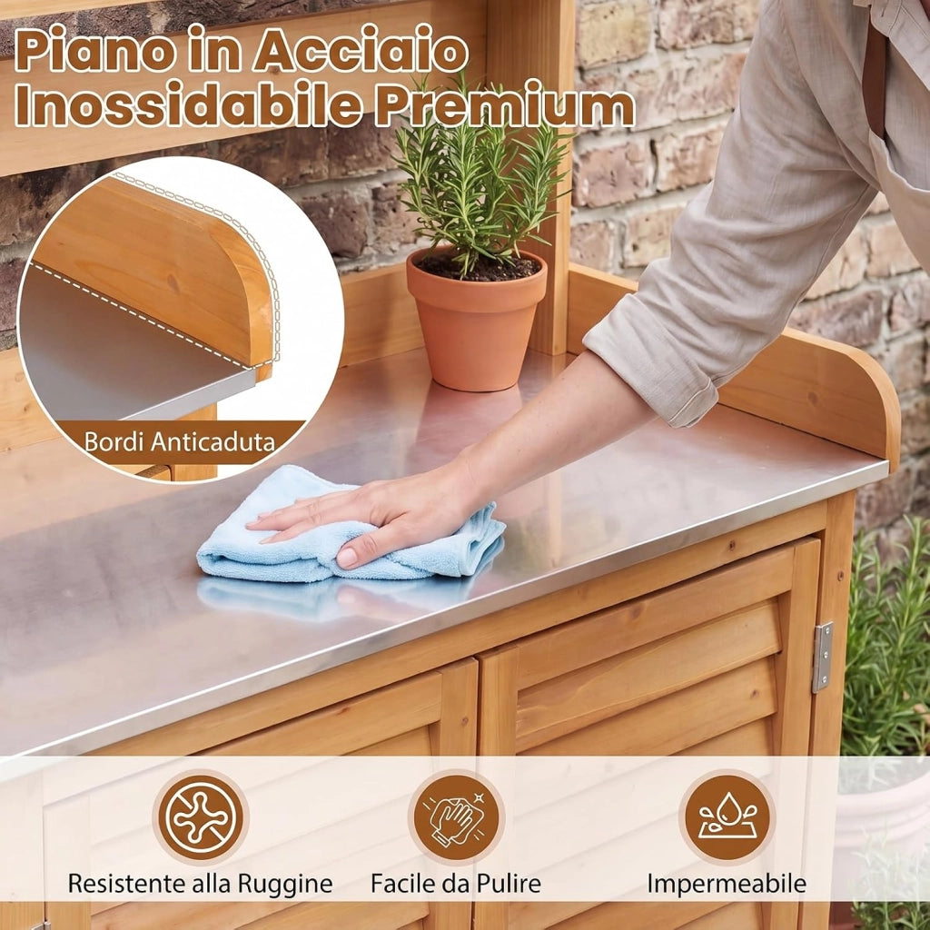 Armadietto da Esterno in Legno a 2 Livelli (Legno) | con Piano in Metallo Zincato, 3 Ganci Appendiabiti, Ripiani Rimovibili e Ante a Doghe, da Giardino, Balcone e Cortile