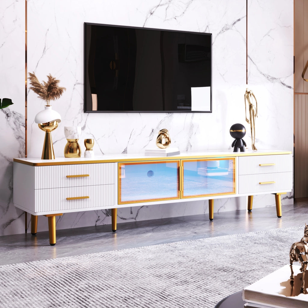 Set mobile TV e tavolino con LED; vetro temperato e motivo marmo bianco