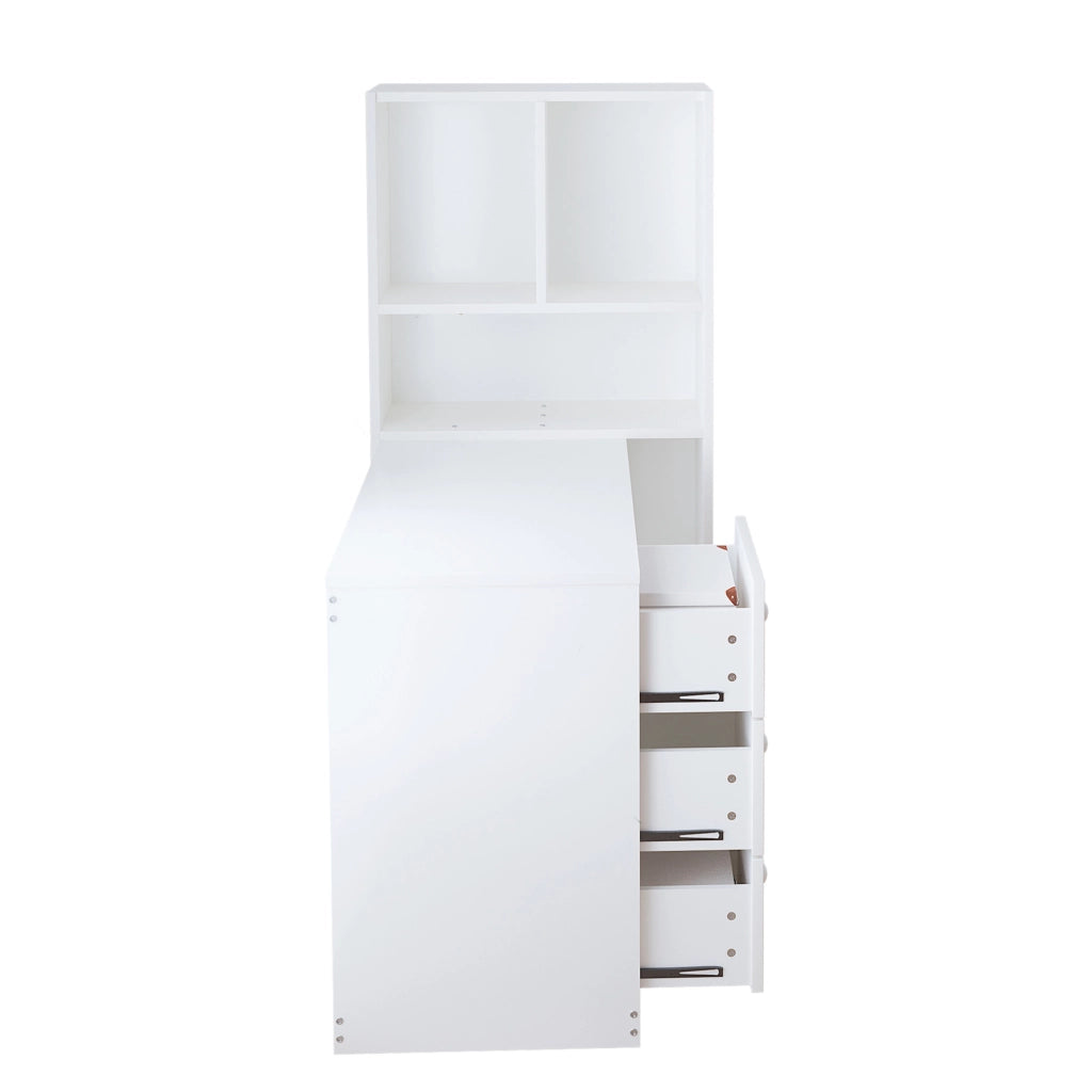 Scrivania angolare 117x63x135 cm bianca in legno; 4 ripiani e 3 cassetti