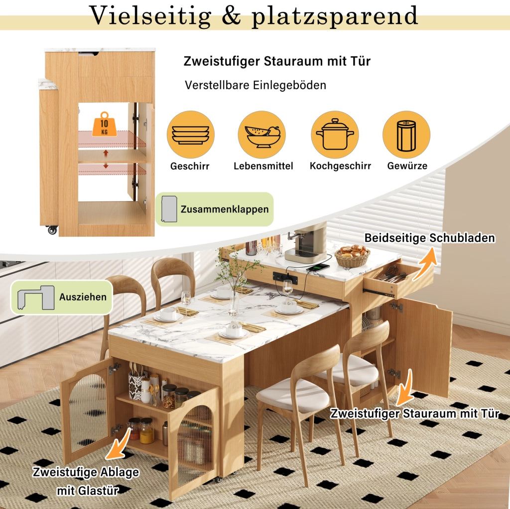 Isola cucina con tavolo estraibile, prese e cassetti