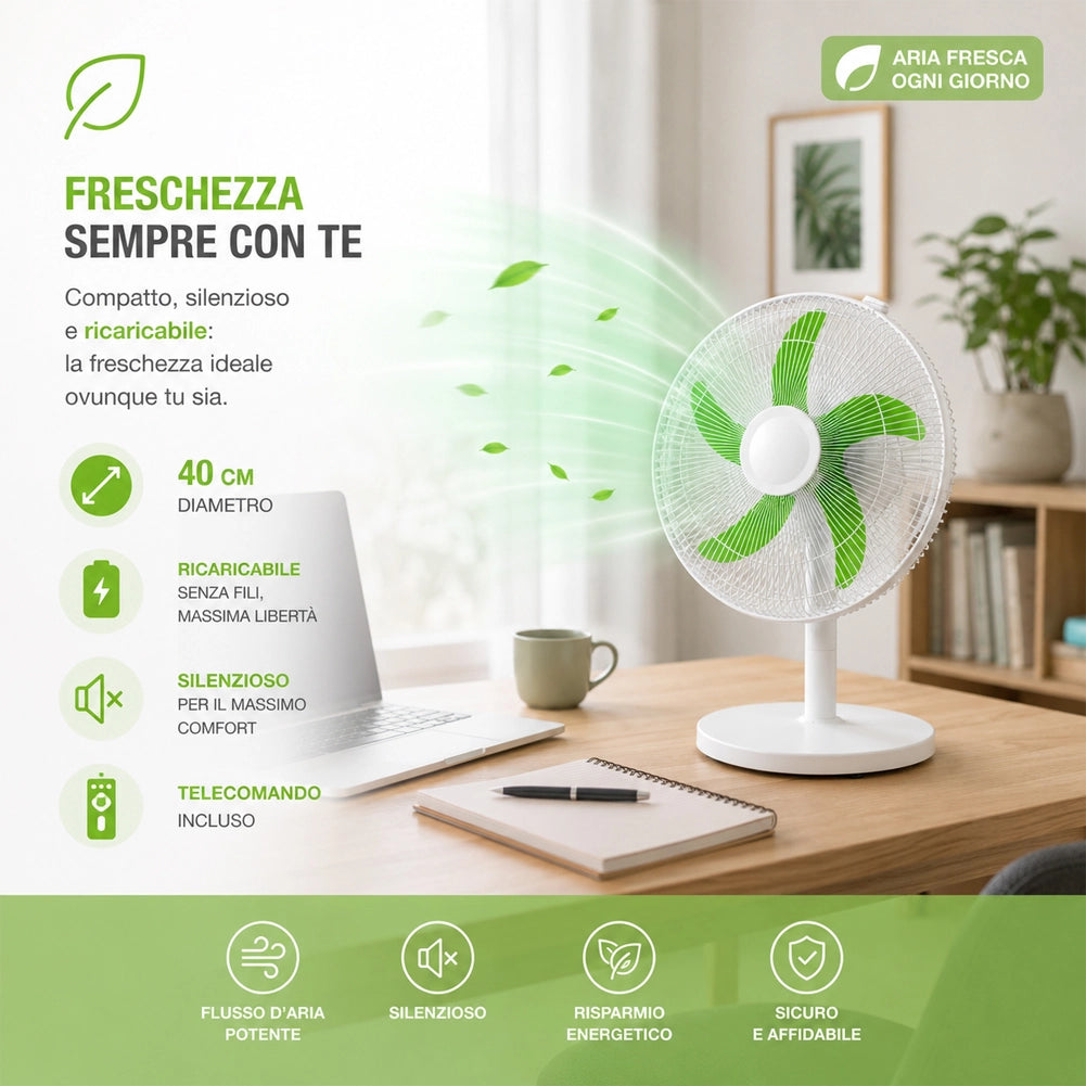 Ventilatore Ricaricabile 5 in 1 Telecomando da Parete Appoggio Piantana Soffitto