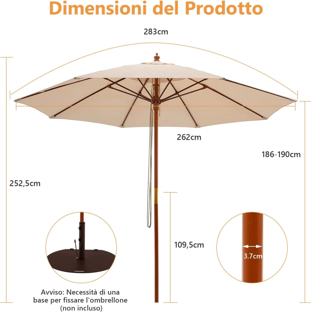 Ombrellone da Giardino di 260 cm, Ombrellone da Esterno con Altezza Regolabile, 8 Stecche, Protezione UV, per Giardino, Cortile, Patio, Piscina (Beige)