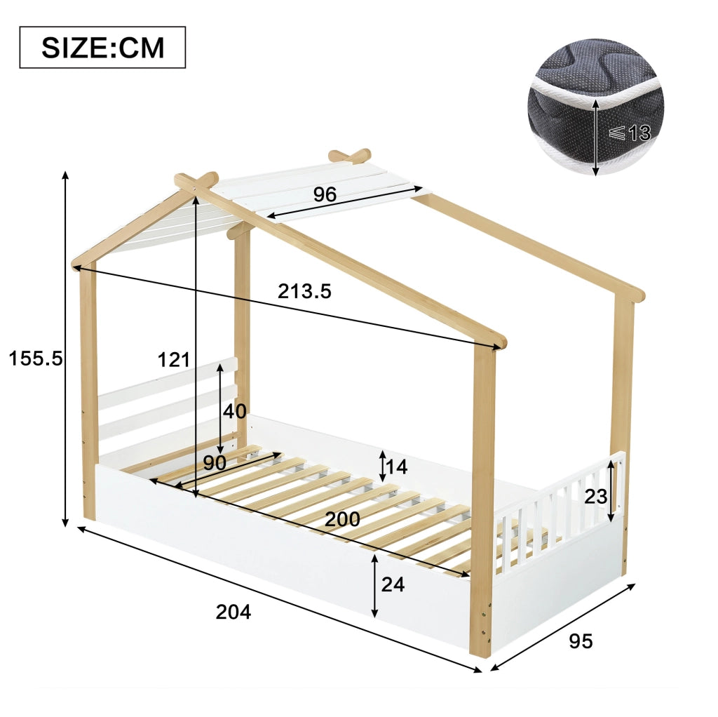 Letto a casetta 90x200 cm con doghe stabili; bianco e naturale