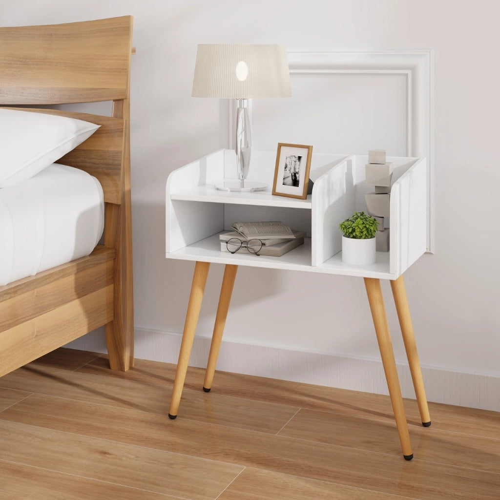 Comodino in stile moderno semplice ma pratico, Tavolino a 2 piani con mensole aperte Bianco + Naturale-Comodini