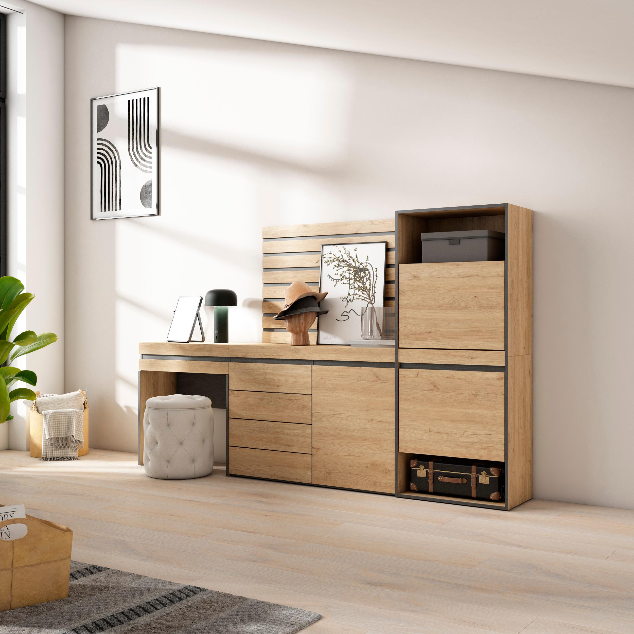 Scarpiera, 237x35x145cm, Camera da letto, Cassettiera, Pannelli Decorativi, Tavolo da toeletta, colore Rovere RF3537