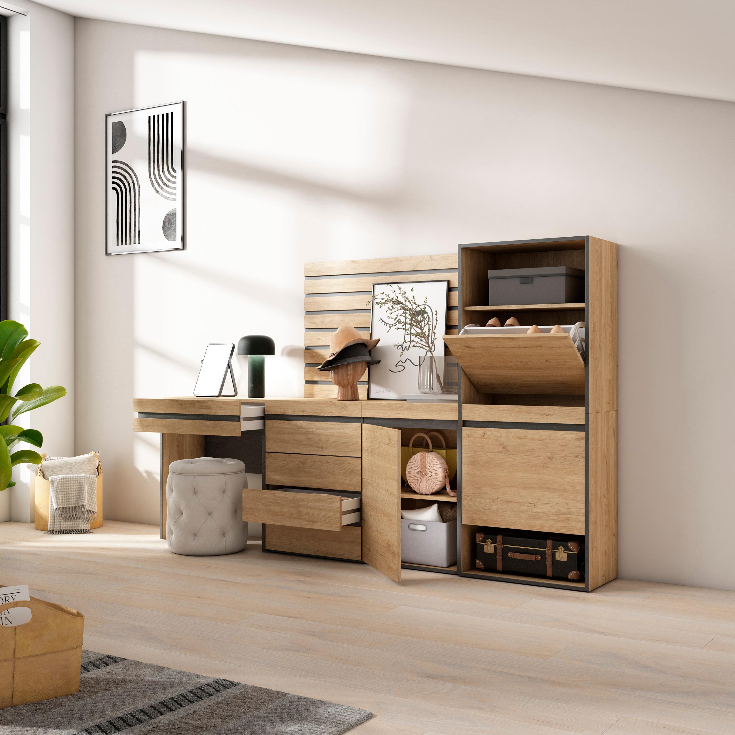 Scarpiera, 237x35x145cm, Camera da letto, Cassettiera, Pannelli Decorativi, Tavolo da toeletta, colore Rovere RF3537