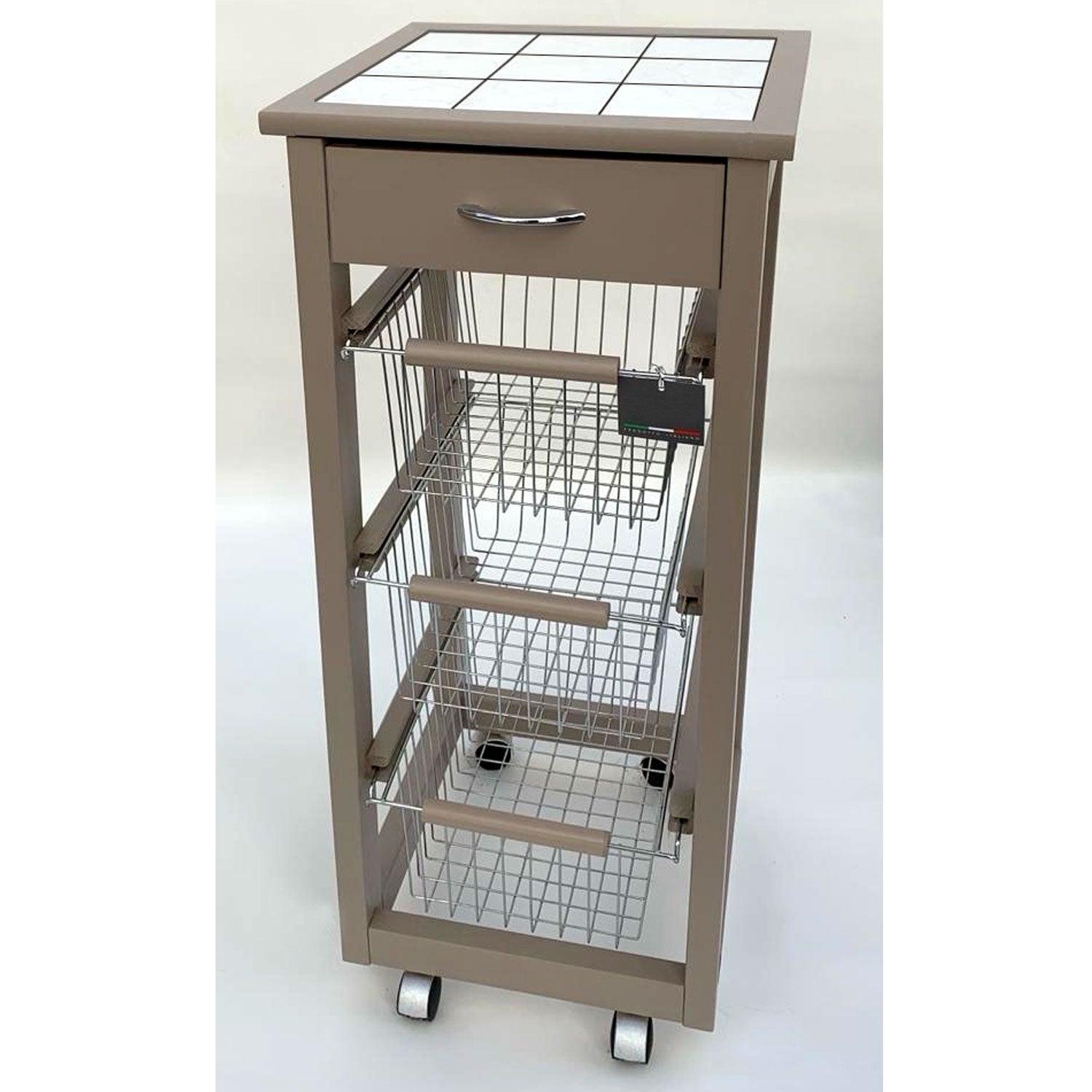 Carrello Cucina SALVASPAZIO in Legno di FAGGIO con CASSETTO E CESTI CONTENITORI 4 Ruote GIREVOLI PORTAPANE PORTA Tortora