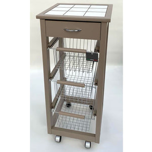 Carrello Cucina SALVASPAZIO in Legno di FAGGIO con CASSETTO E CESTI CONTENITORI 4 Ruote GIREVOLI PORTAPANE PORTA Tortora