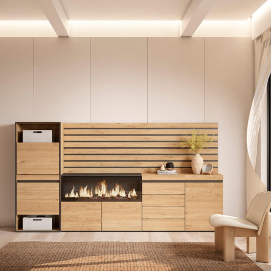 Scarpiera, 274x35x145cm, Camera da letto, Camino elettrico XXL, Cassettiera, Pannelli Decorativi, colore Rovere RF3566