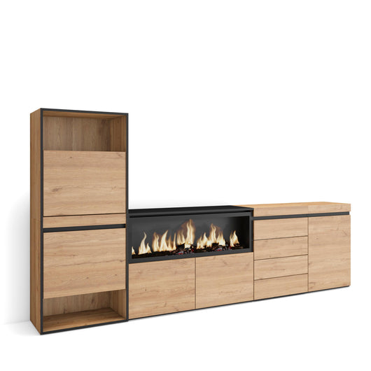 Scarpiera, 274x35x145cm, Camera da letto, Camino elettrico XXL, Cassettiera, colore Rovere RF3565