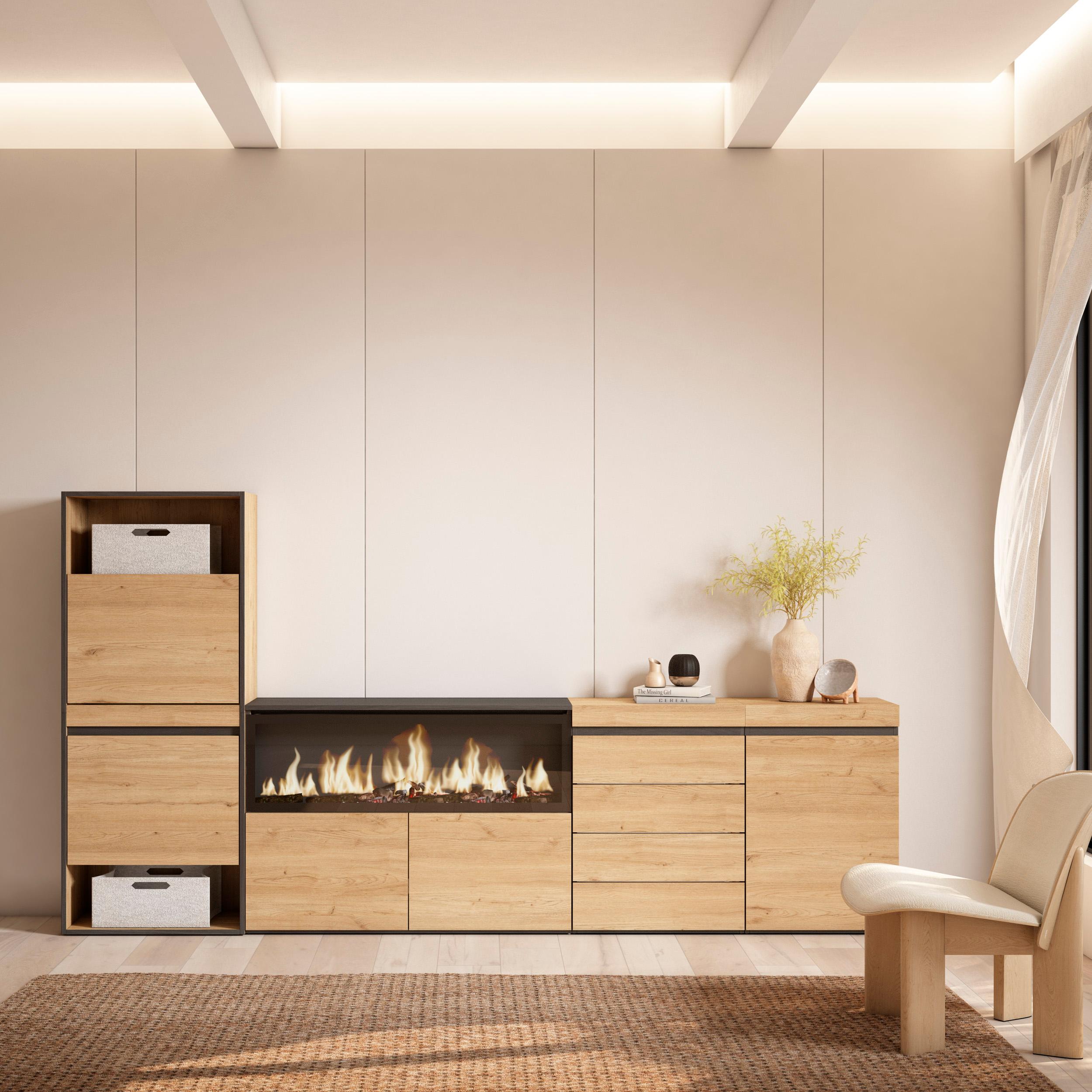 Scarpiera, 274x35x145cm, Camera da letto, Camino elettrico XXL, Cassettiera, colore Rovere RF3565