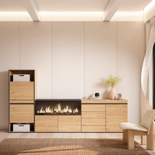 Scarpiera, 274x35x145cm, Camera da letto, Camino elettrico XXL, Cassettiera, colore Rovere RF3565