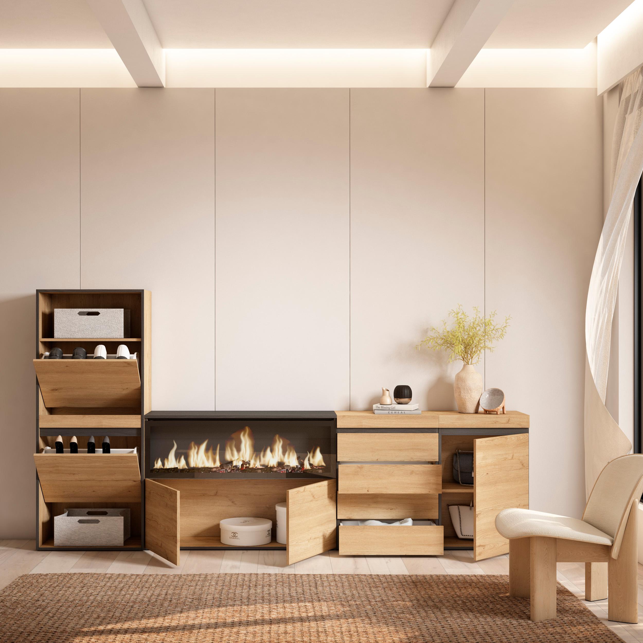 Scarpiera, 274x35x145cm, Camera da letto, Camino elettrico XXL, Cassettiera, colore Rovere RF3565