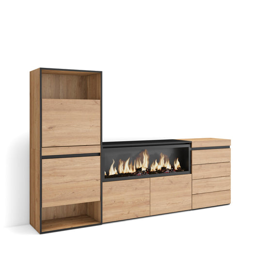 Scarpiera, 224x35x145cm, Camera da letto, Camino elettrico XXL, Cassettiera, colore Rovere RF3564