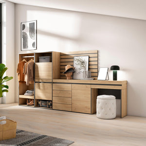 Scarpiera, 297x35x145cm, Camera da letto, Armadio Aperto, Cassettiera, Pannelli Decorativi, Tavolo da toeletta, colore Rovere RF3542