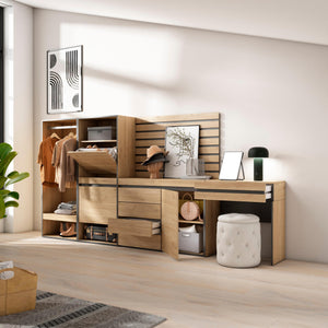 Scarpiera, 297x35x145cm, Camera da letto, Armadio Aperto, Cassettiera, Pannelli Decorativi, Tavolo da toeletta, colore Rovere RF3542