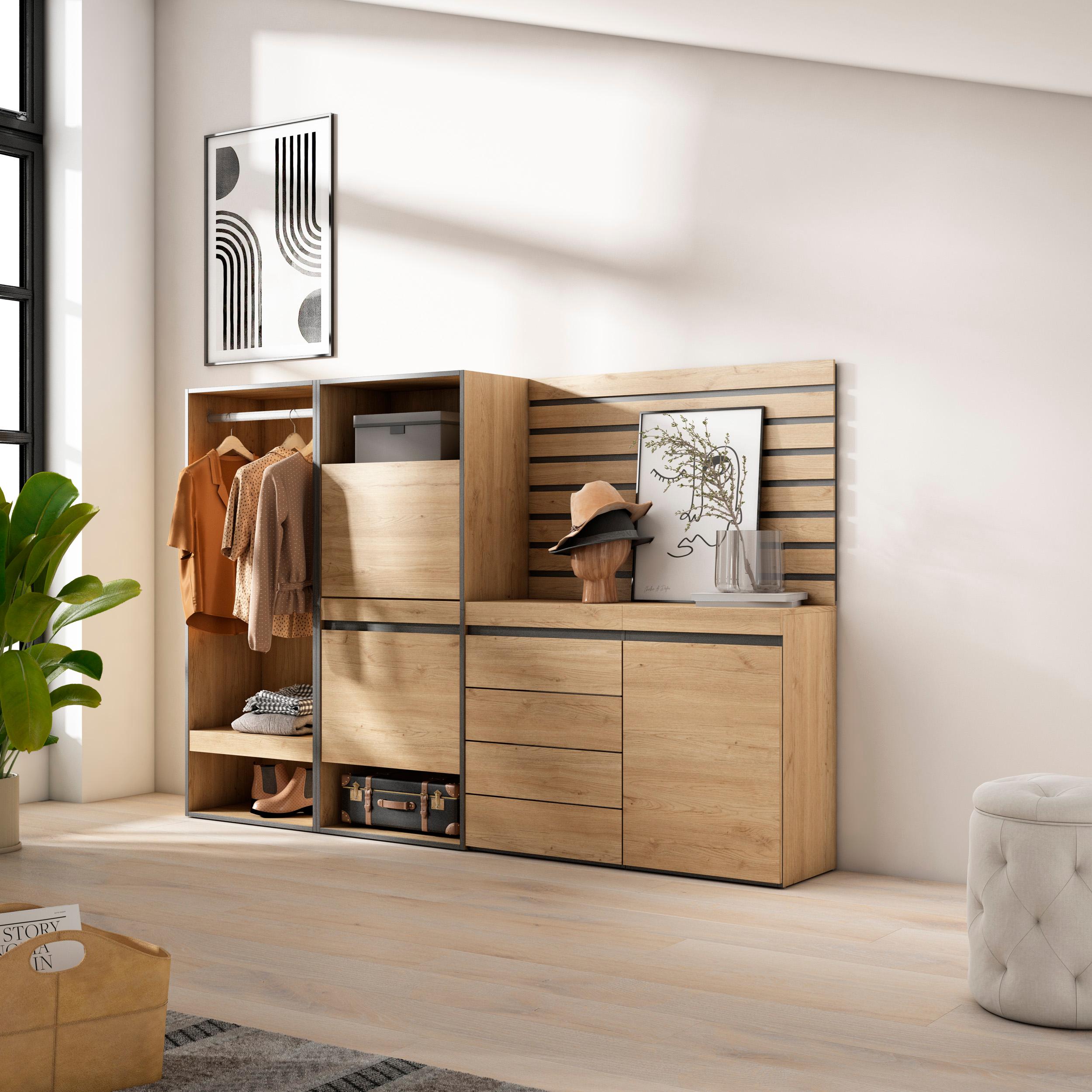 Scarpiera, 227x35x145cm, Camera da letto, Armadio Aperto, Cassettiera, Pannelli Decorativi, colore Rovere RF3541