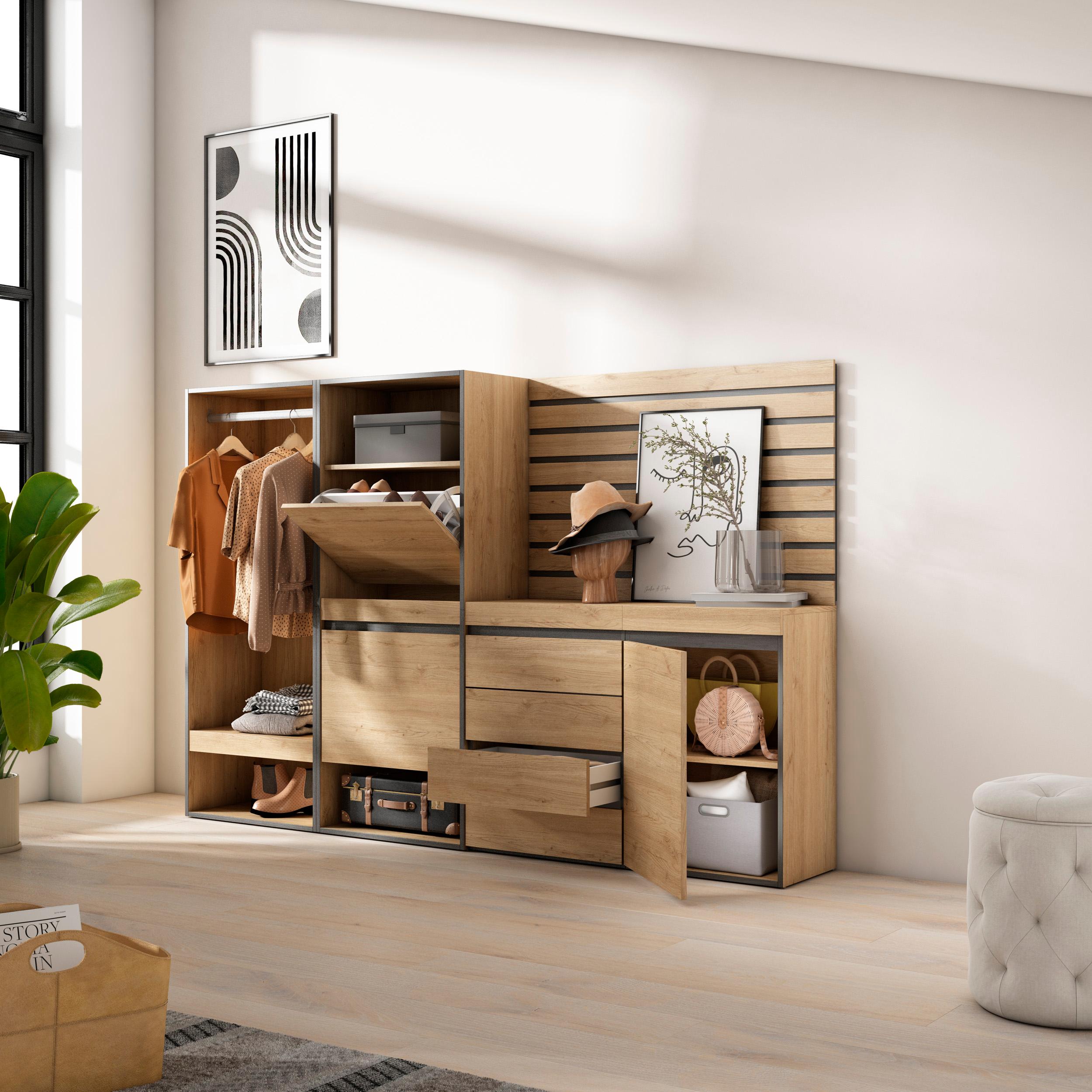 Scarpiera, 227x35x145cm, Camera da letto, Armadio Aperto, Cassettiera, Pannelli Decorativi, colore Rovere RF3541