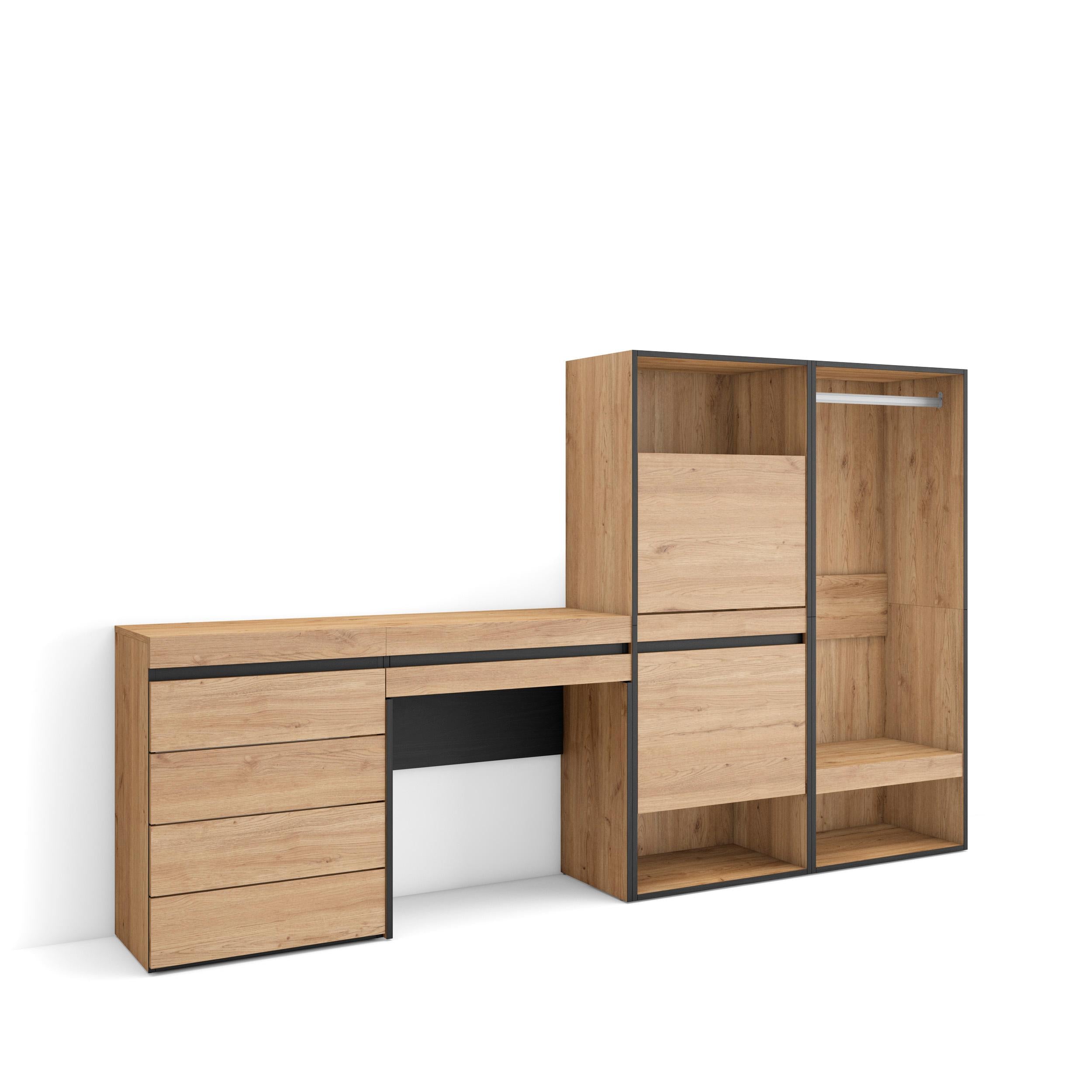 Scarpiera, 247x35x145cm, Camera da letto, Armadio Aperto, Cassettiera, Tavolo da toeletta, colore Rovere RF3539