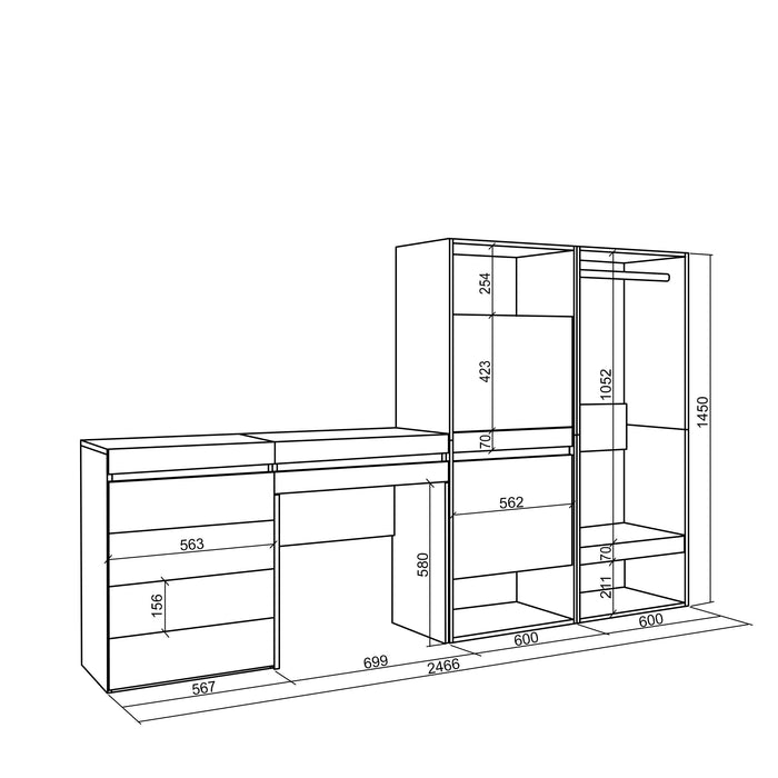 Scarpiera, 247x35x145cm, Camera da letto, Armadio Aperto, Cassettiera, Tavolo da toeletta, colore Rovere RF3539