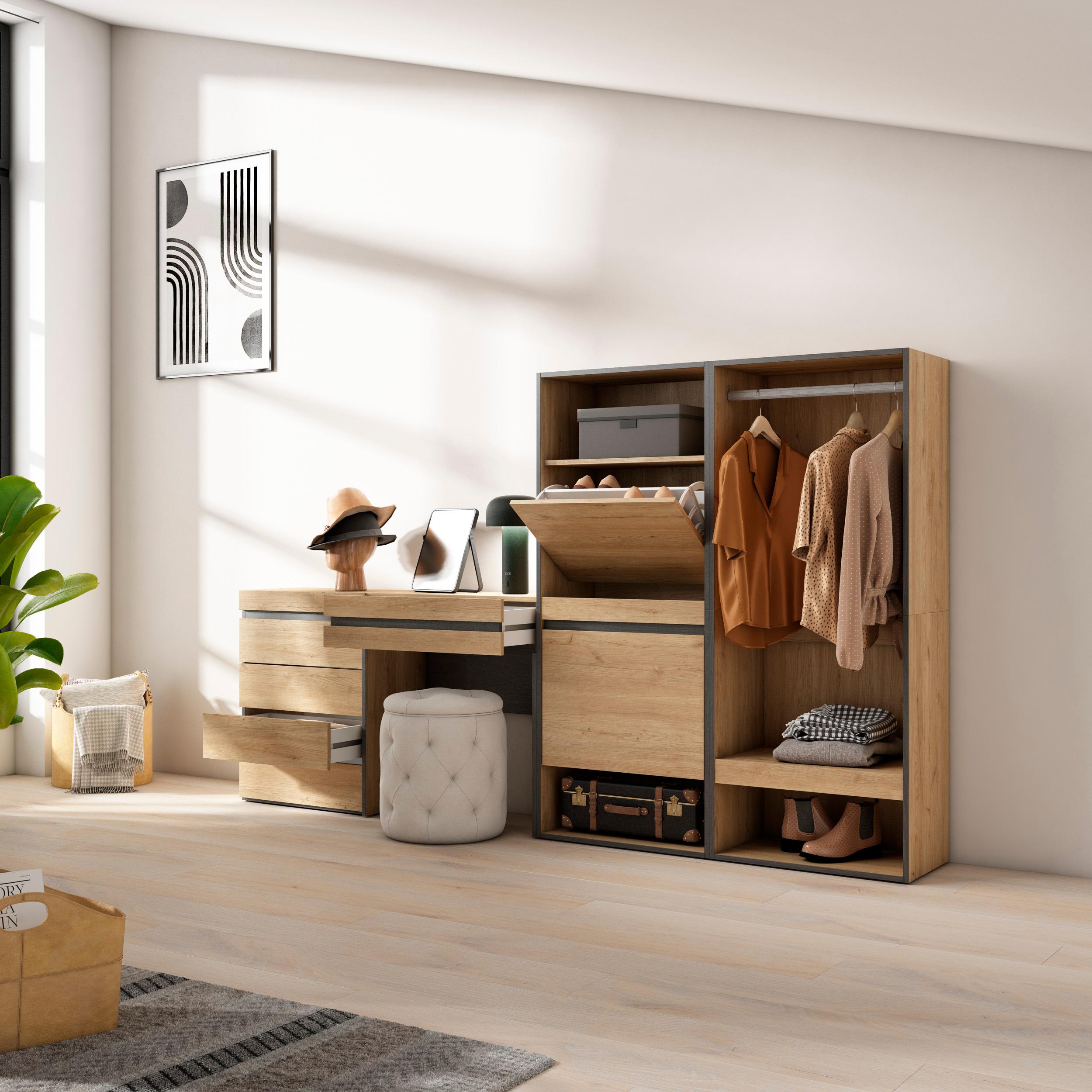 Scarpiera, 247x35x145cm, Camera da letto, Armadio Aperto, Cassettiera, Tavolo da toeletta, colore Rovere RF3539