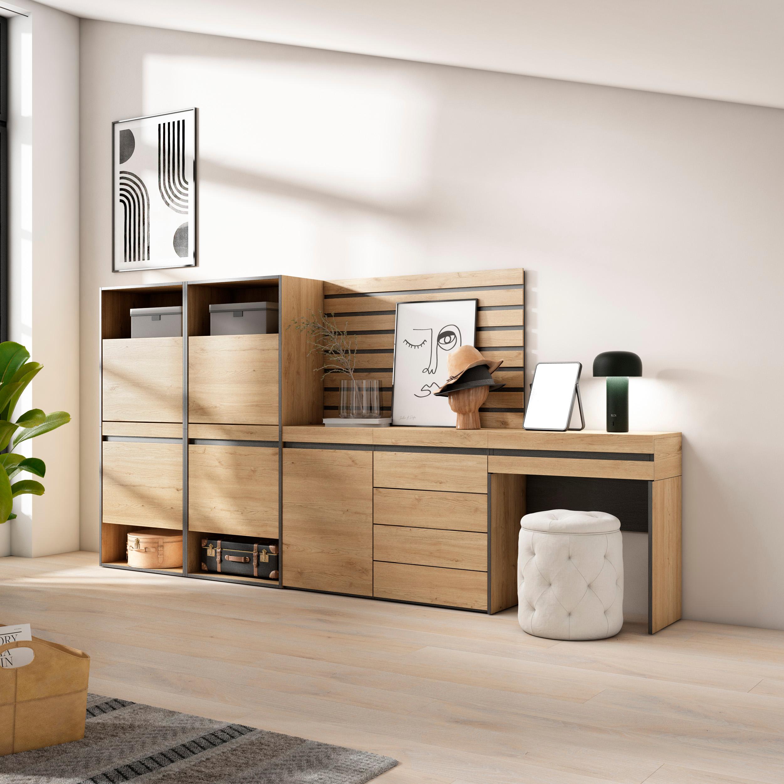 Scarpiera, 297x35x145cm, Camera da letto, Cassettiera, Pannelli Decorativi, Tavolo da toeletta, colore Rovere RF3545