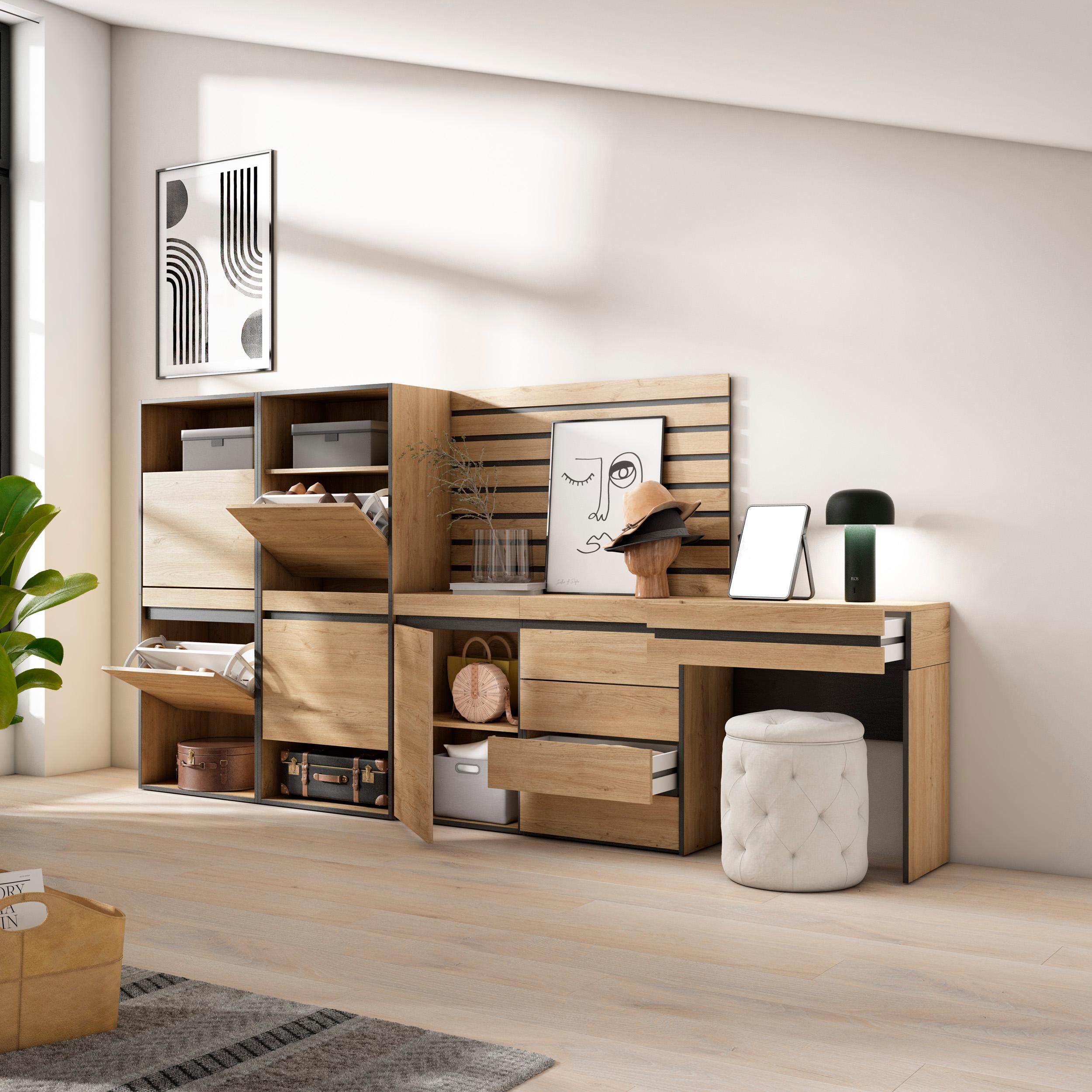 Scarpiera, 297x35x145cm, Camera da letto, Cassettiera, Pannelli Decorativi, Tavolo da toeletta, colore Rovere RF3545