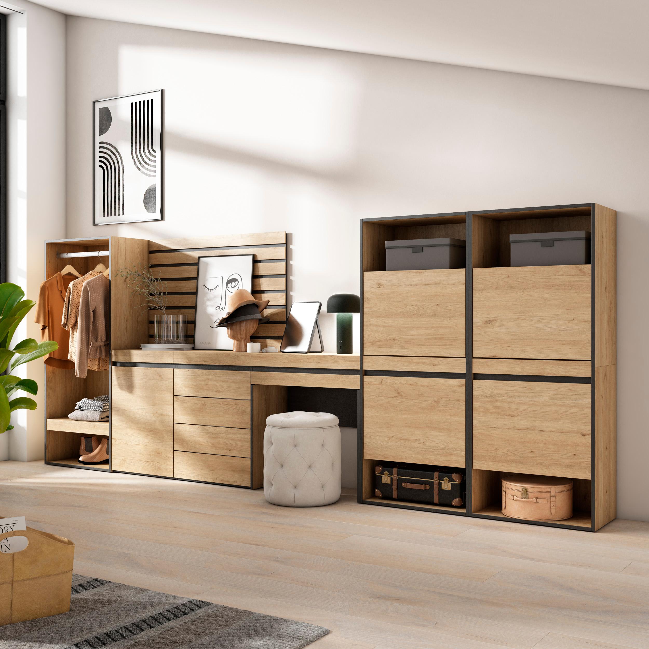 Scarpiera, 357x35x145cm, Camera da letto, Armadio Aperto, Cassettiera, Pannelli Decorativi, Tavolo da toeletta, colore Rovere RF3551