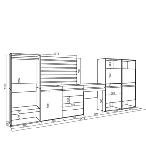 Scarpiera, 357x35x145cm, Camera da letto, Armadio Aperto, Cassettiera, Pannelli Decorativi, Tavolo da toeletta, colore Rovere RF3551