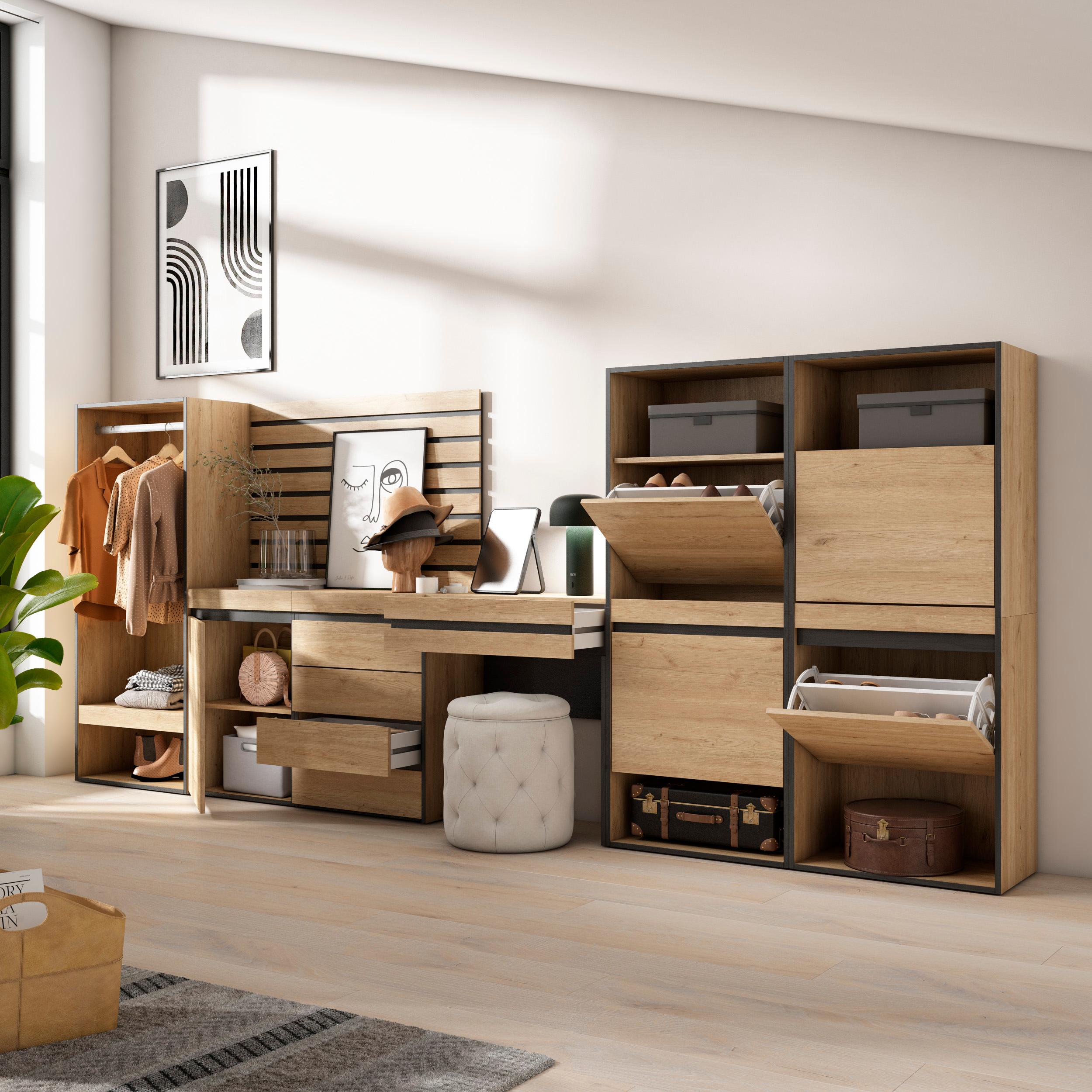 Scarpiera, 357x35x145cm, Camera da letto, Armadio Aperto, Cassettiera, Pannelli Decorativi, Tavolo da toeletta, colore Rovere RF3551