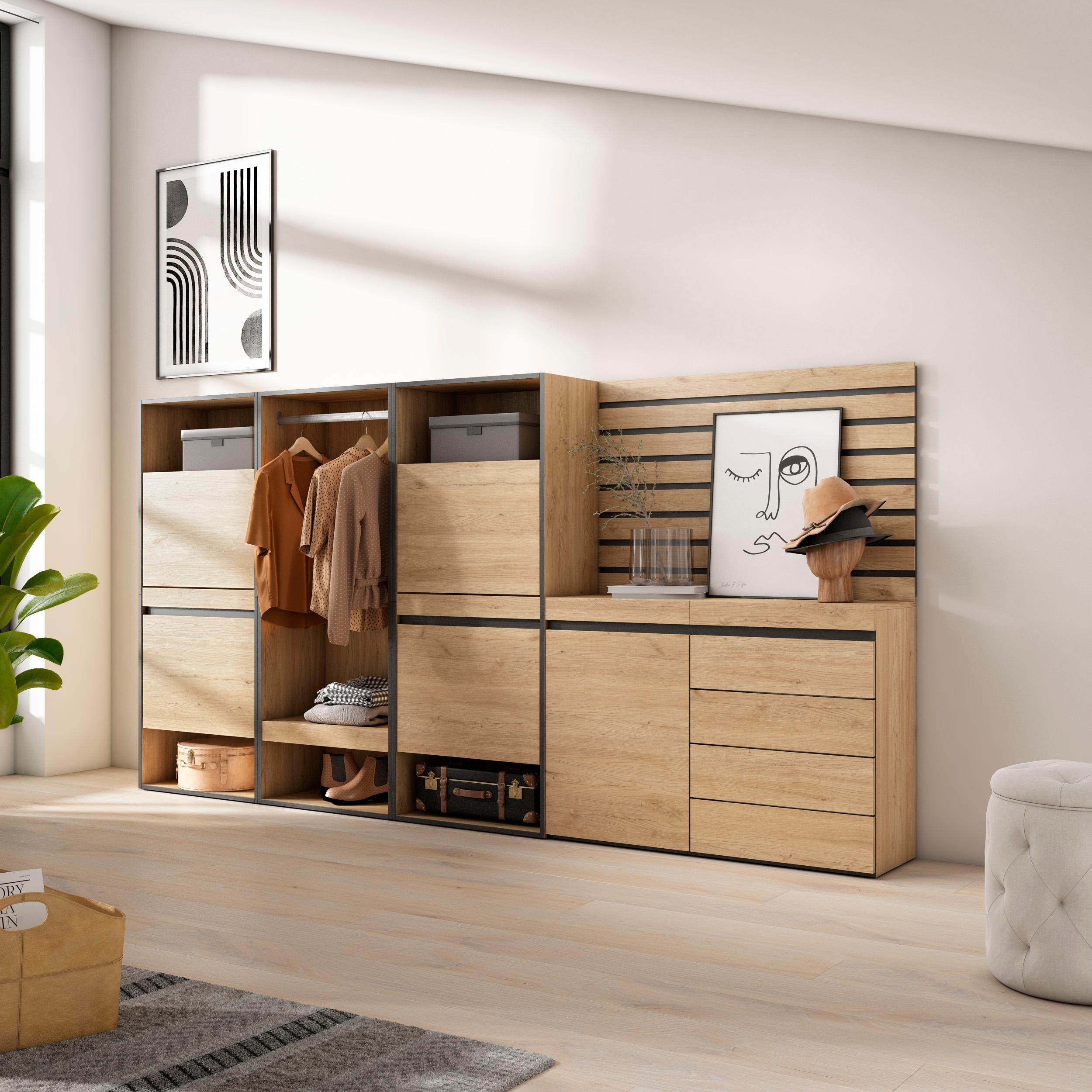 Scarpiera, 287x35x145cm, Camera da letto, Armadio Aperto, Cassettiera, Pannelli Decorativi, colore Rovere RF3546