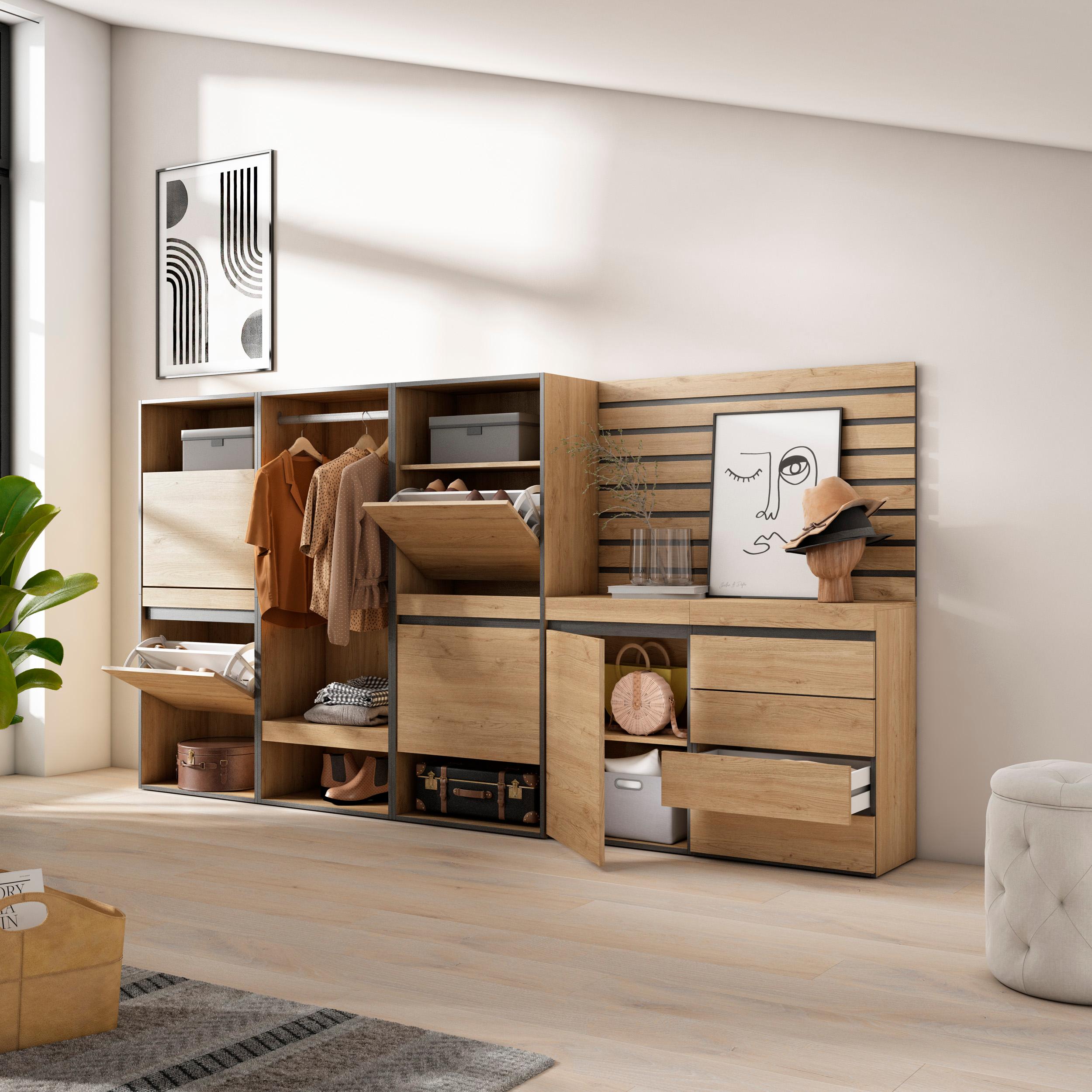 Scarpiera, 287x35x145cm, Camera da letto, Armadio Aperto, Cassettiera, Pannelli Decorativi, colore Rovere RF3546