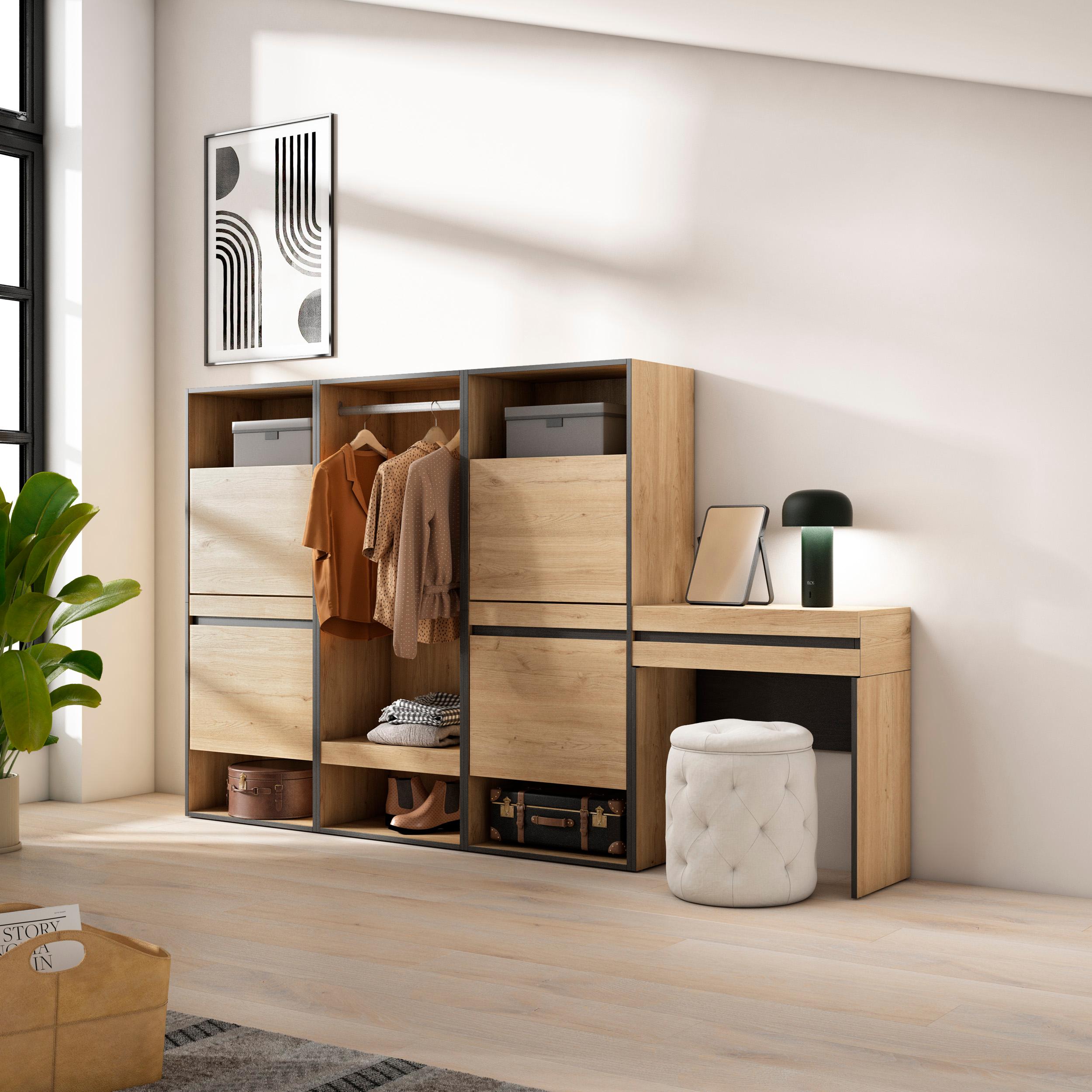 Scarpiera, 250x35x145cm, Camera da letto, Armadio Aperto, Tavolo da toeletta, colore Rovere RF3550