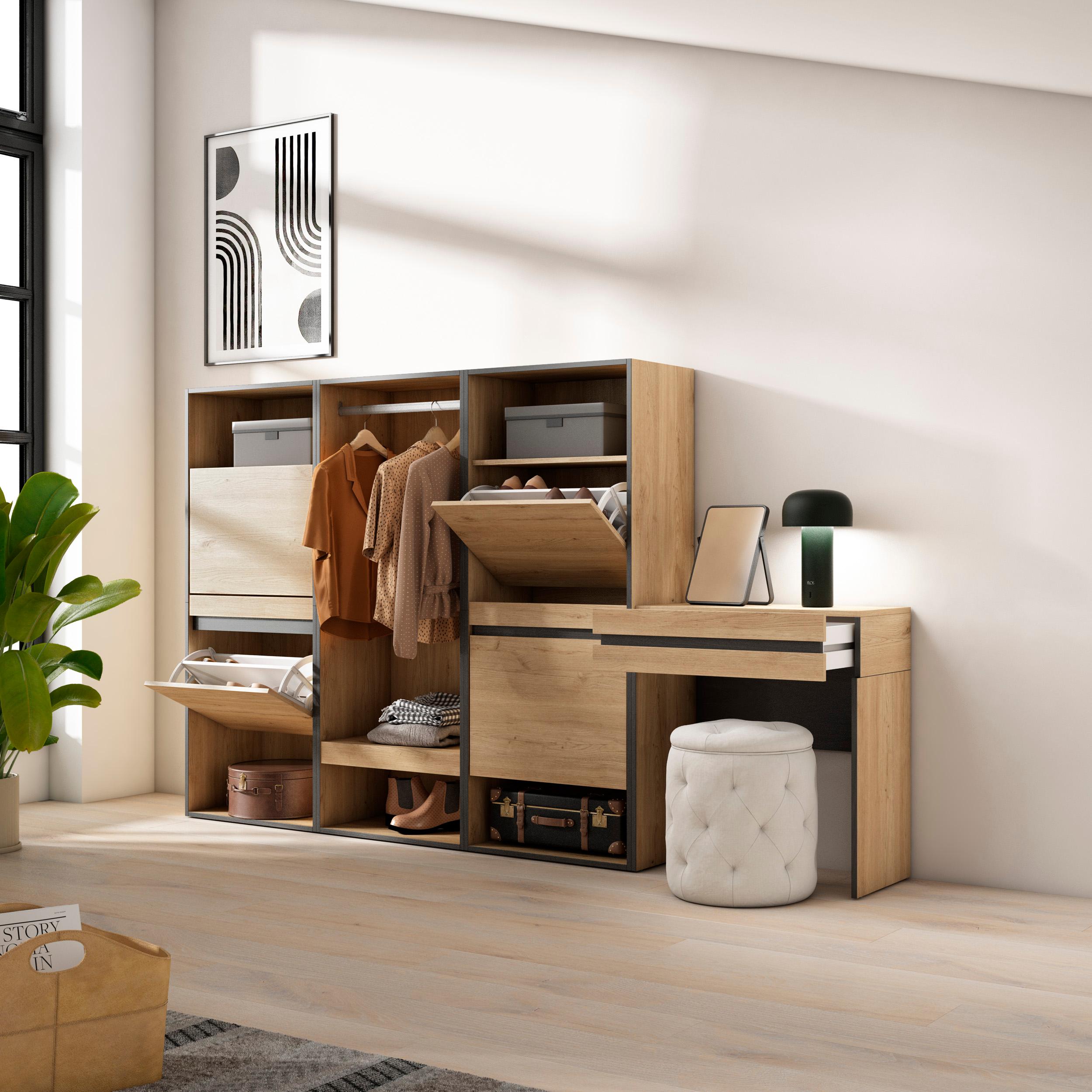 Scarpiera, 250x35x145cm, Camera da letto, Armadio Aperto, Tavolo da toeletta, colore Rovere RF3550