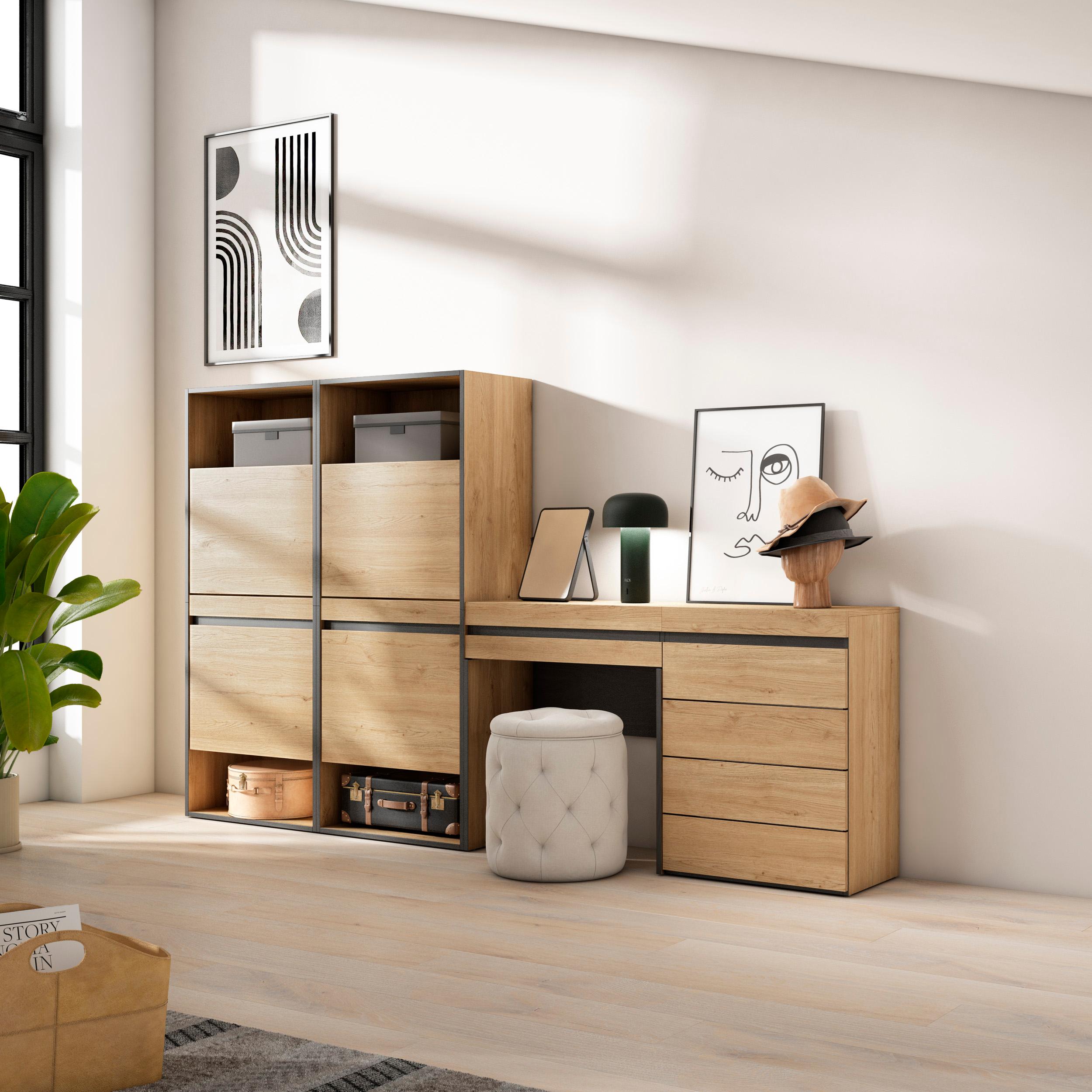 Scarpiera, 247x35x145cm, Camera da letto, Cassettiera, Tavolo da toeletta, colore Rovere RF3547