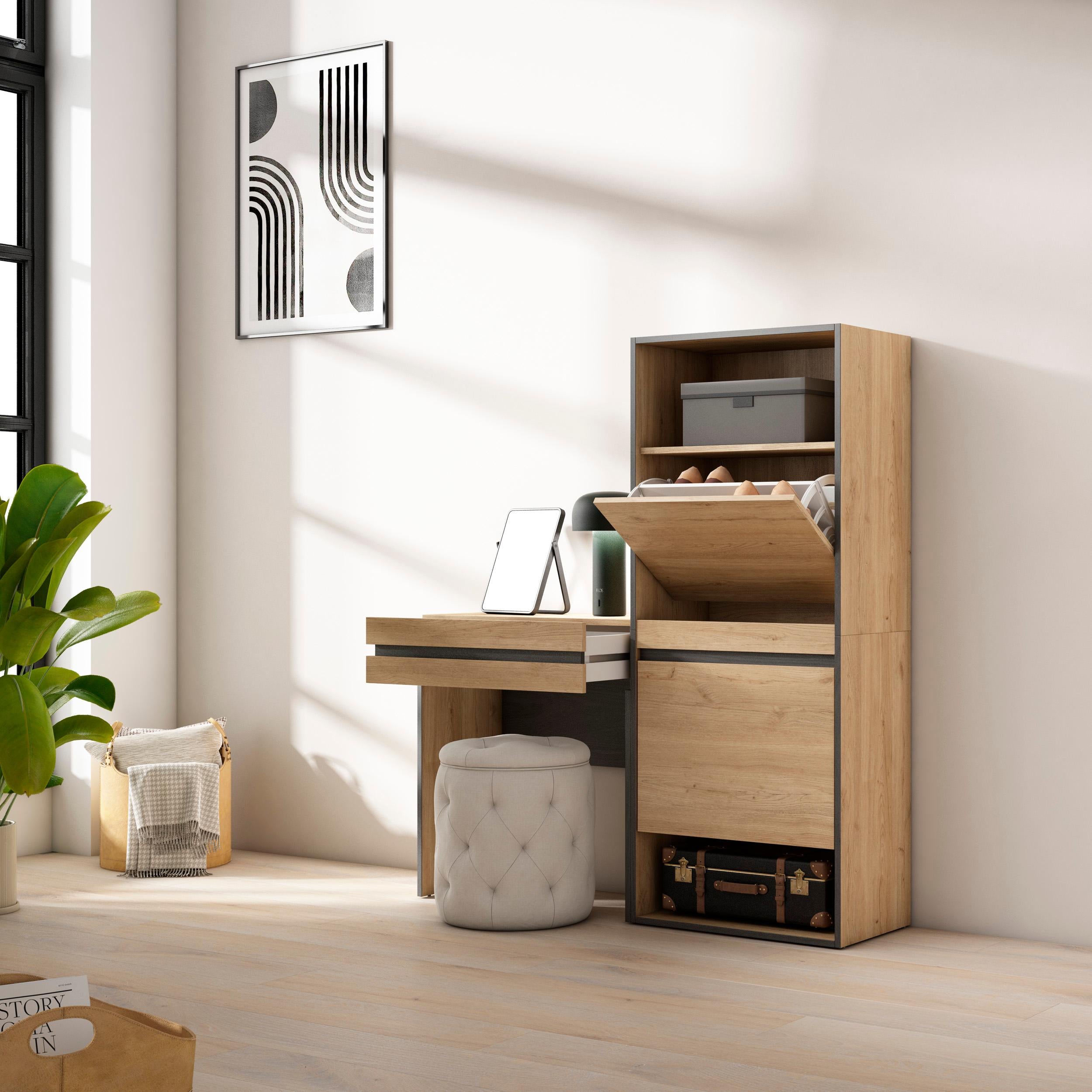 Scarpiera, 130x35x145cm, Camera da letto, Tavolo da toeletta, colore Rovere RF3535