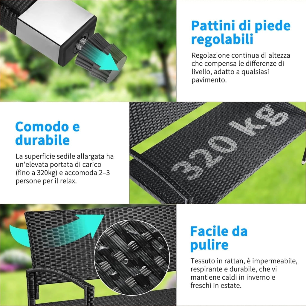 Panca da Giardino in Rattan, Resistente Alle Intemperie, Panca da Balcone a 2 Posti, 122x60x85 cm, Rattan Monofacciale, Sedia da Giardino per Esterno, Terrazze e Balcone, Nero