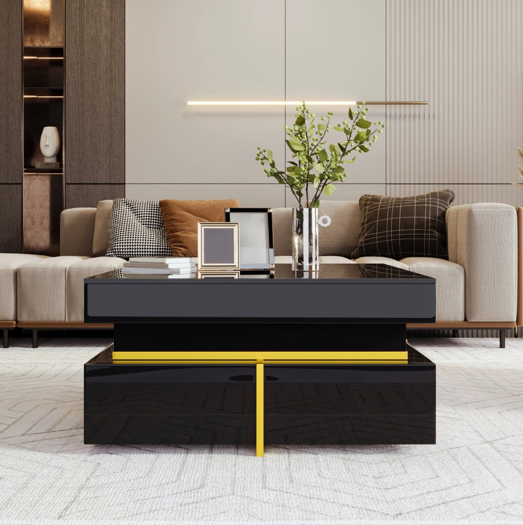 Tavolino da caffè nero lucido 70x70x35;5 cm con 2 cassetti e dettagli oro
