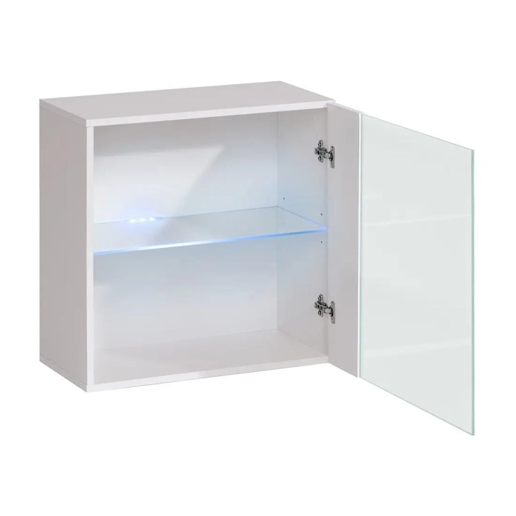 Vetrina quadrata sospesa – Bianco – Collezione SWITCH – Porta in vetro e LED inclusi – Design moderno