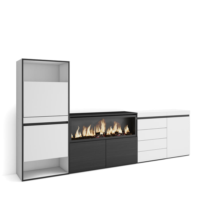 Scarpiera, 274x35x145cm, Camera da letto, Camino elettrico XXL, Cassettiera, Bianco RF3555