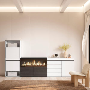 Scarpiera, 274x35x145cm, Camera da letto, Camino elettrico XXL, Cassettiera, Bianco RF3555