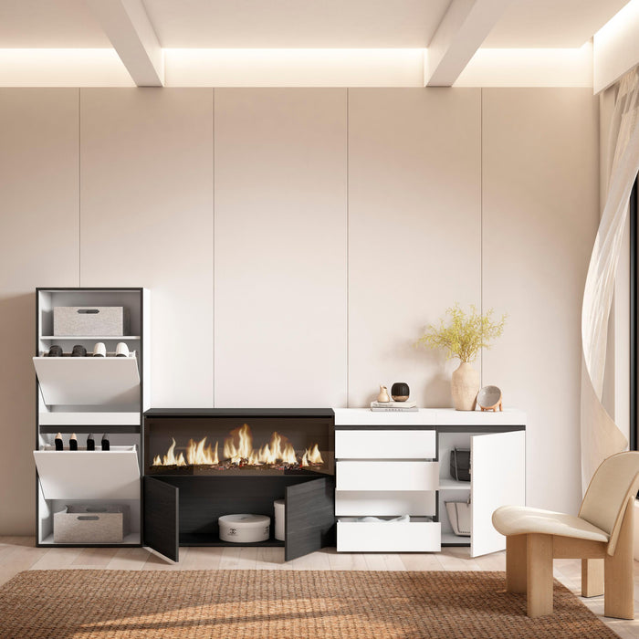 Scarpiera, 274x35x145cm, Camera da letto, Camino elettrico XXL, Cassettiera, Bianco RF3555