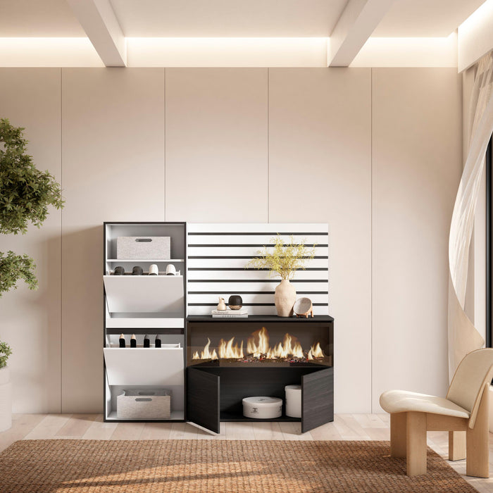 Scarpiera, 167x35x145cm, Camera da letto, Camino elettrico XXL, Pannelli Decorativi, Bianco RF3553