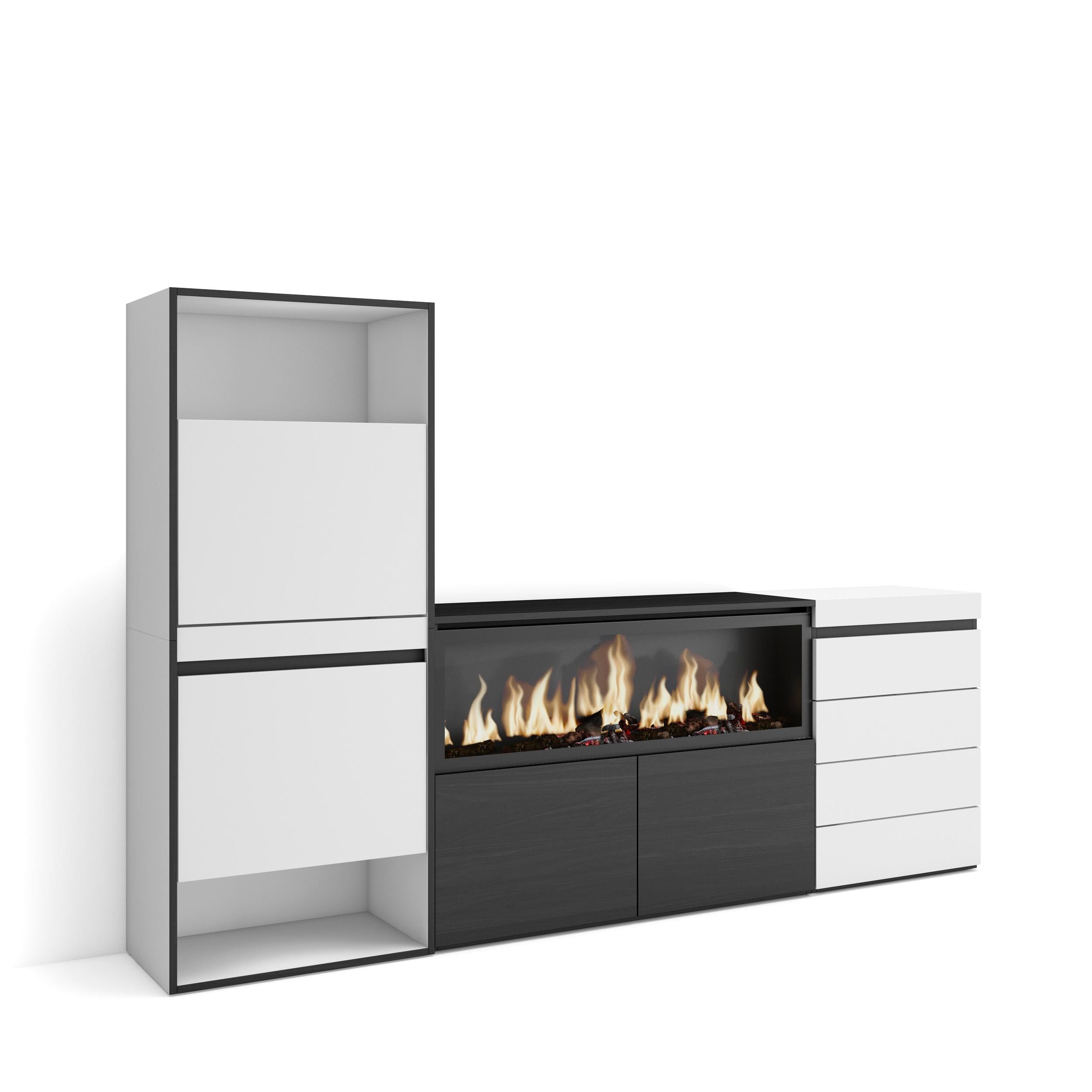 Scarpiera, 224x35x145cm, Camera da letto, Camino elettrico XXL, Cassettiera, Bianco RF3554