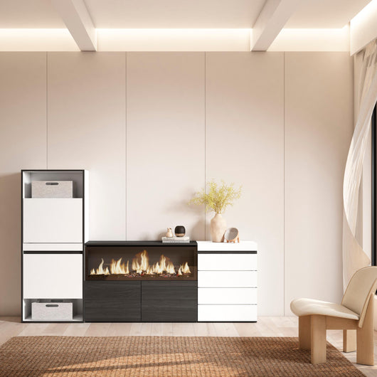 Scarpiera, 224x35x145cm, Camera da letto, Camino elettrico XXL, Cassettiera, Bianco RF3554