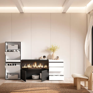 Scarpiera, 224x35x145cm, Camera da letto, Camino elettrico XXL, Cassettiera, Bianco RF3554